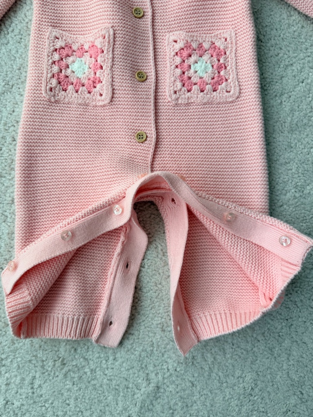 Little Me Pink Knit One-Piece with Crochet Pocket and ruffled neckline - Picture 5 of 9